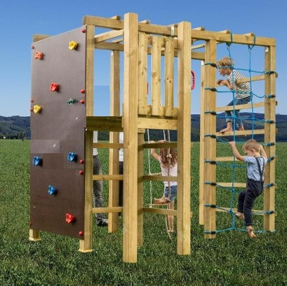 XXL Multispielanlage, Klettergerüst mit Podest, Kletterwand, Reckstange, Kletternetz