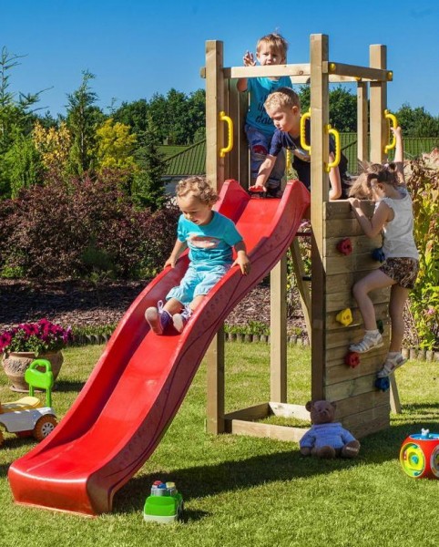 Spielturm Funny 3 mit Rutsche grn, Kletterwand und Leiter