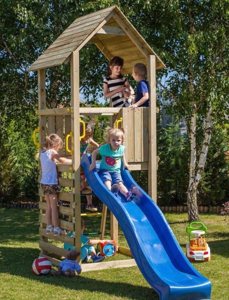 Spielturm Carol 1 mit blauer Rutsche, Leiter, Holzdach und Klettersprossen