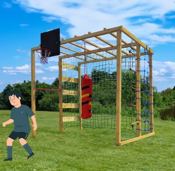 Spielanlage mit Fußballtor, Kletternetz, Boxsack, Reckstange, Kletternetz, Strickleiter