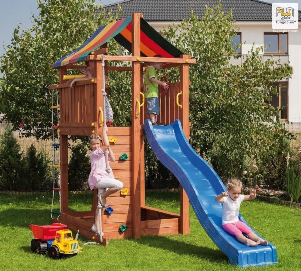 Spielturm Paradise mit Rutsche rot, Leiter, Kletterwand, Kletterseil