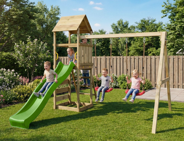 Spielturm MaxPlay 2.2 mit Rutsche, Holzdach Doppelschaukel Kletterwand Schaukelsitze Bodenanker