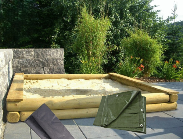 Sandkasten Stabil mit Unkrautvlies und Abdeckplane 240 x 240 cm aus Rundholz