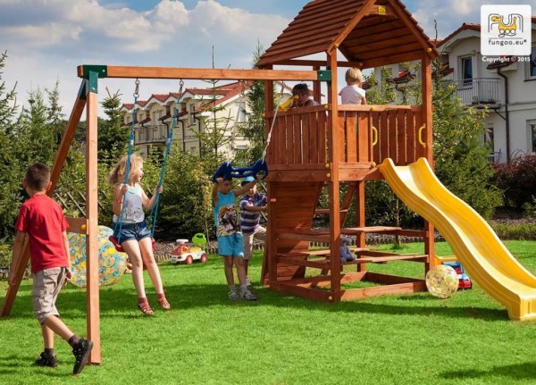 Spielturm mit Rutsche blau, Doppelschaukel, Kletterwand und Leiter