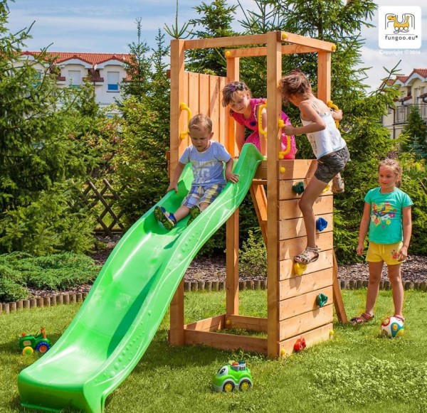 Fungoo Spielturm TIPTOP mit Rutsche grün und Kletterwand