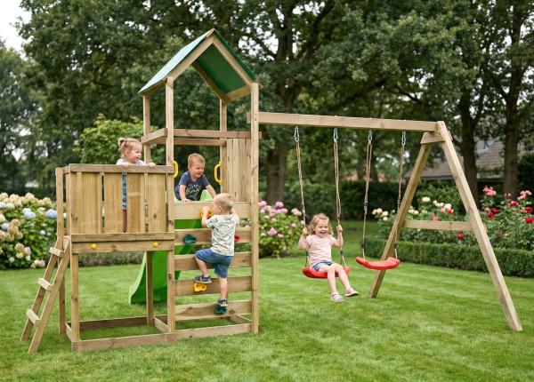 Fungoo Kinder Spielturm MaxPlay 3.1 mit Podeste und grüner Rutsche, Doppelschaukel und Schaukelsitze