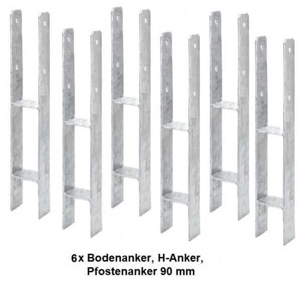 6 x Bodenanker, H-Anker, Pfostenanker 90 mm für Kanthölzer