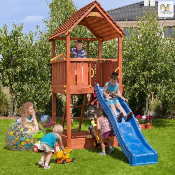 Spielturm Joy mit Rutsche blau, Holzdach, Leiter und Sandkasten