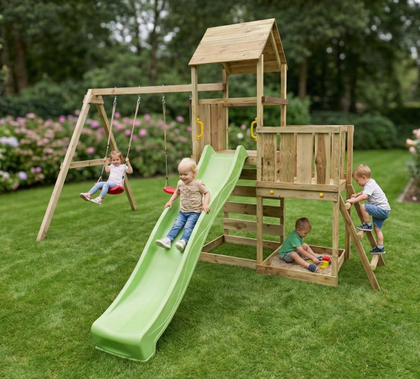 Spielturm MaxPlay 3.2 mit Rutsche, 2 Podeste, Holzdach Doppelschaukel Kletterwand Schaukelsitze
