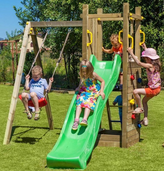 Spielturm Funny 3 mit Rutsche grn, Kletterwand, Leiter, Sandkasten und Einze...