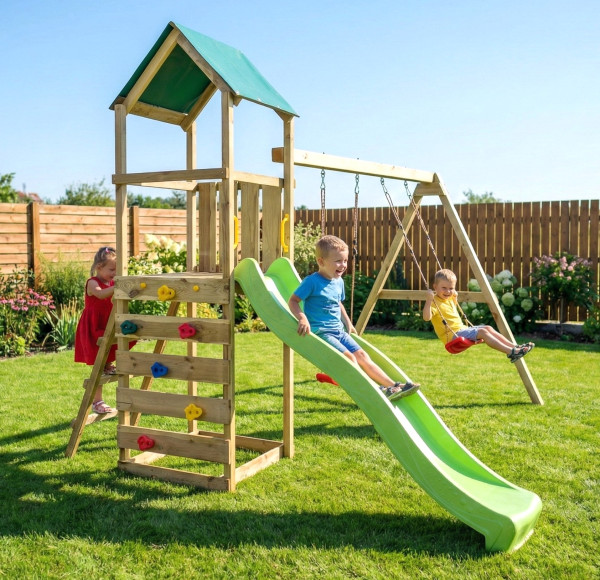 Spielturm MaxPlay 2.1 mit Rutsche Doppelschaukel Kletterwand Schaukelsitze Bodenanker