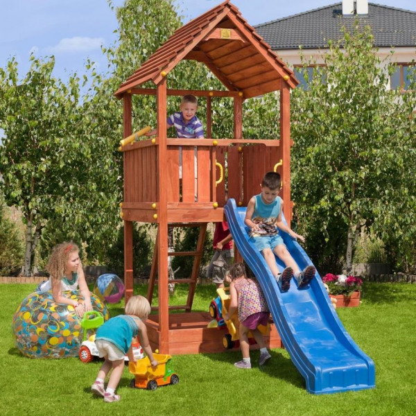 Spielturm Joy mit Rutsche, Leiter Holzdach und Fernrohr